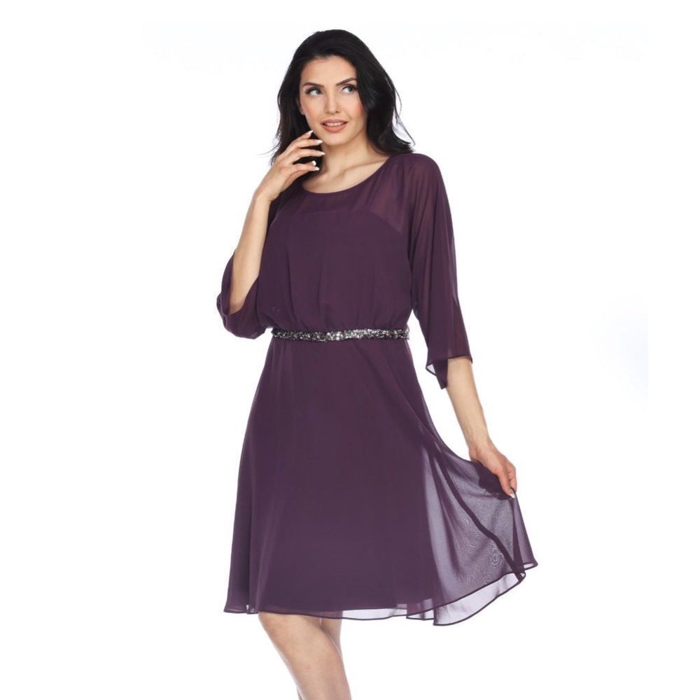 Joseph Ribkoff Amethyst Embellished Chiffon Layered A-Line Dress - Picture 2 of 13